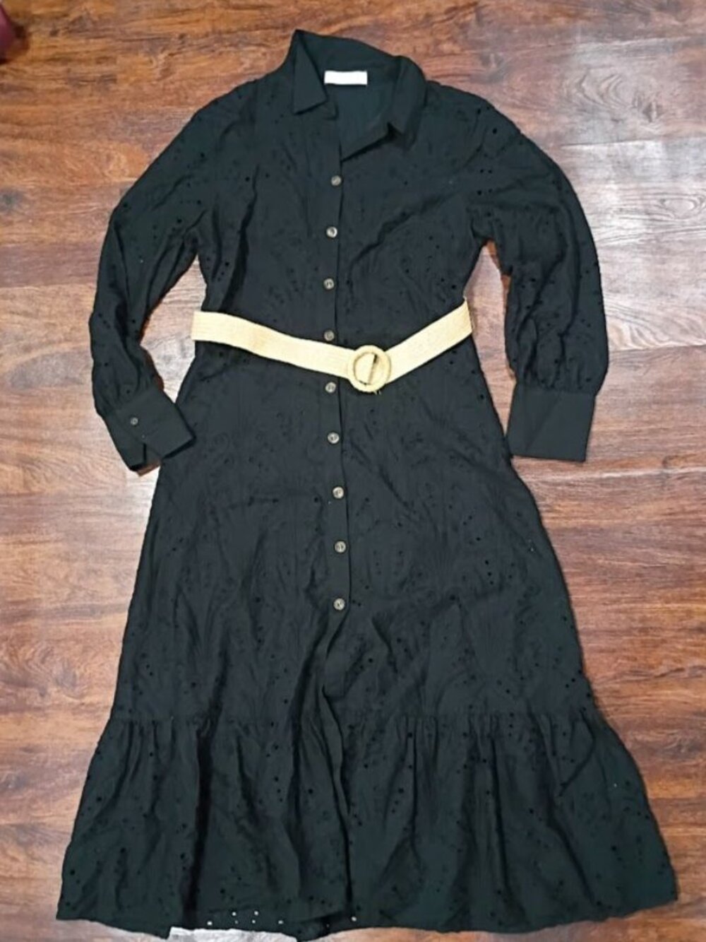 MNG Black Cottagecore Whimsy Boho Dress S With Eyelet Designs & Belted Preppy - Picture 2 of 15